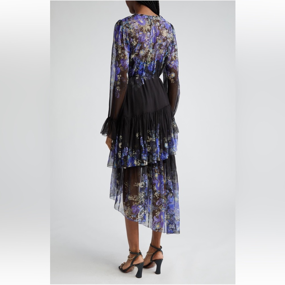Zimmermann Lyrical Iris Print Tiered Ruffle Long Sleeve Silk Midi Dress - Picture 2 of 2